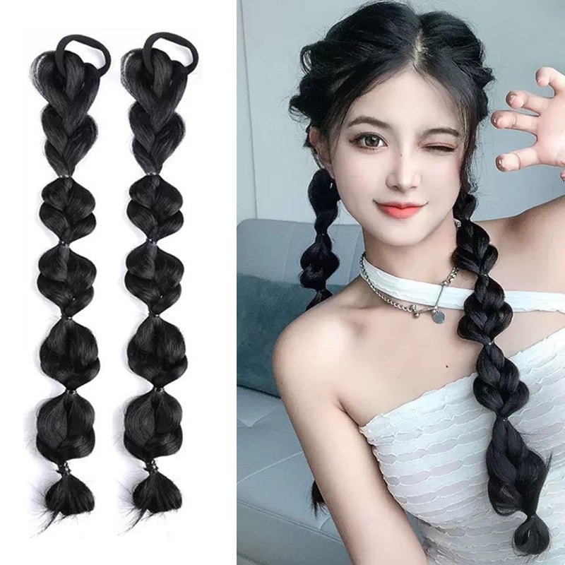 RUSTAMM Bubble Ponytail Wig Synthetic Braided Extensions with Hair Ties Hair Band Hairpieces for Women Girls DIY Daily Wear Accessories (black) - Image 3